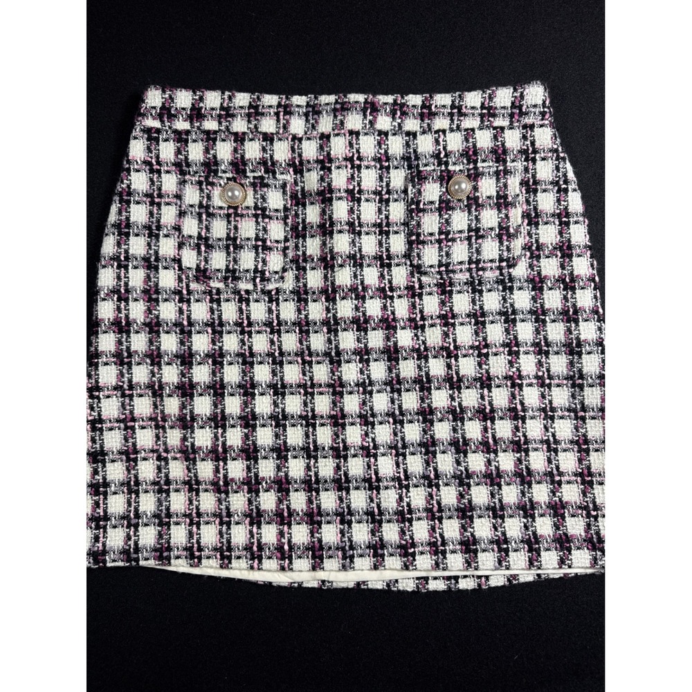 Maison d'Amelie Paris Anthropologie Pink Plaid Tweed Mini Skirt Pearl Button US